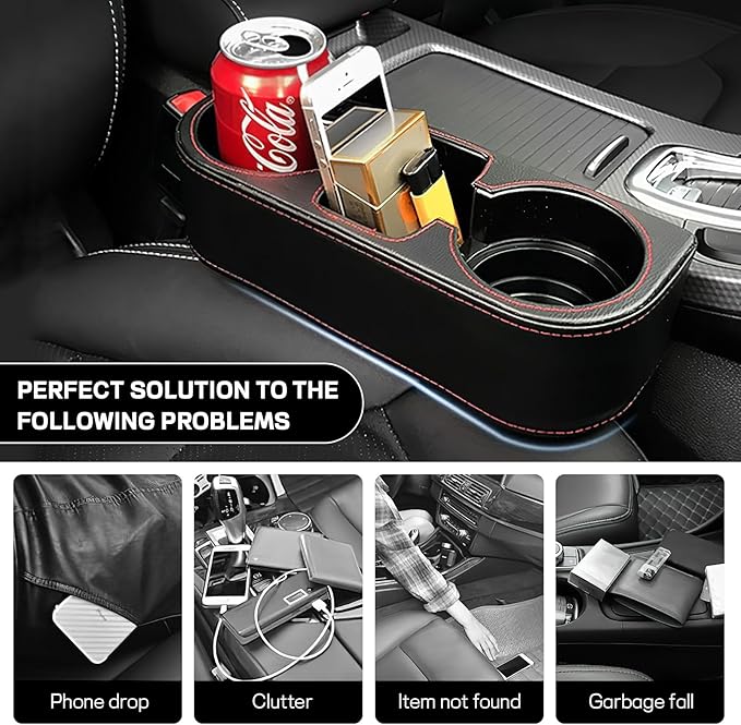 Car Cup Holder, Multifunctional Auto Drink Holder Gap Filler Storage Box, Leather Car Seat Organizer with Cup Holder, Universal Vehicle Front Seat Organizer for Bottle Phone (Black)