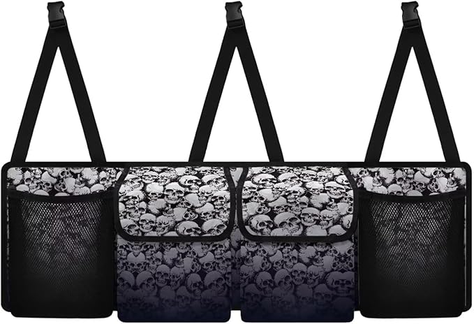 Skull Car Trunk Organizer Oxford Cloth, Machine Washable Car Storage Organizer (37.01"*11.8") Portable Car Storage Bag with 4 Pocekt, Hanging Car Organizer for SUV/MPV/Truck