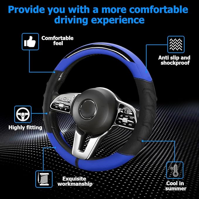Car Steering Wheel Cover, Non-Slip Vehicle Steering Wheel Protector, Automotive Interior Accessories for Women Men, 15 Inch Universal for SUV, Truck, RV, Van and More（Black/Blue）