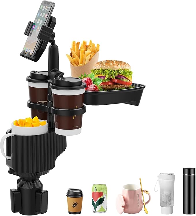 Car Cup Holder Extender Tray, 5-in-1 Removable Car Food Tray, Three Cup Holders and Width Adjustable Swivel Phone Holder, Additional widening Pads Make it Suitable for Most car Models