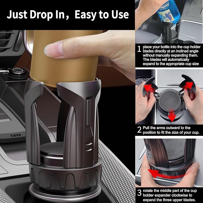 Cup Holder Expander, Automatic Car Cup Holder Expander Holds Large Water Bottles, Compatible with Yeti, Stanley, Owala Tumbler & Mugs, Adjustable Arms & Extendable Base Insert