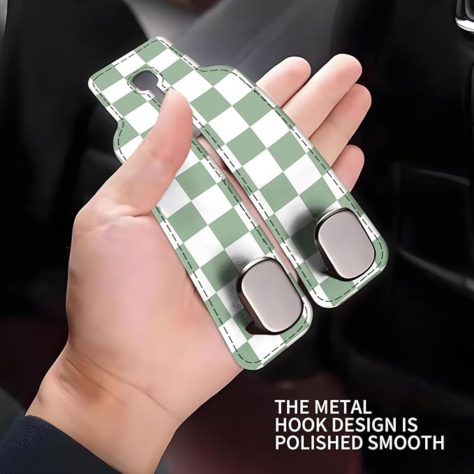 NUGGHU Car Seat Headrest Hook, Universal Leather Cute Hanger Holder Hook, Storage Organizer Interior Accessories for Purse Bags Handbag Green Plaid