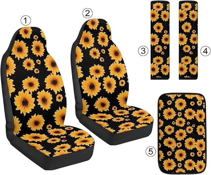 Qeluxign Sunflower 5 Piece Car Seat Covers Full Set, Front Seats Cover/Auto Seatbelt Shoulder Pads/Vehicle Center Console Armrest Cover, Universal Car Accessories Men Women Gifts