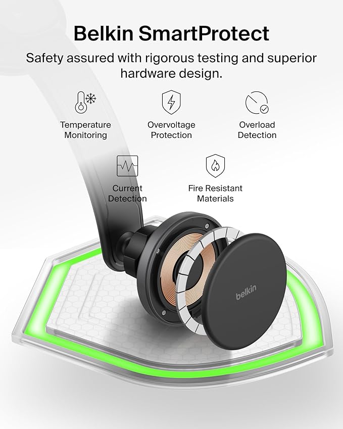 Belkin Wireless Car Charger, Magnetic Car Dash Mount w/ 1M USB C Cable, Qi2 MagSafe Compatible Fast Charging iPhone Charger for iPhone 17, Galaxy S25, Pixel 10, & More - Travel Accessories - Black