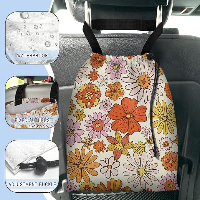GEGEPINK Car Trash Bag Hanging Back of Seat Waterproof Small Cute Printed One-Handed Strap Drawstring Garbage Bags for Car-Colorful Flower