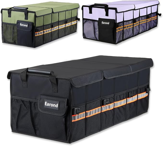 EAROND Car Trunk Organizer with Lid,Collapsible Car Storage Organizer with Multi Compartments and Securing Straps for SUV,Sedan,Jeep-Black