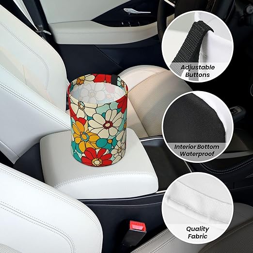 Retro Groovy Floral Car Trash Can Garbage Cans Foldable,Cute Hanging Car Organizer and Storage Bag Leak Proof, Auto Back Seat Trash Bin Universal for Truck, SUV, Outdoor Travel