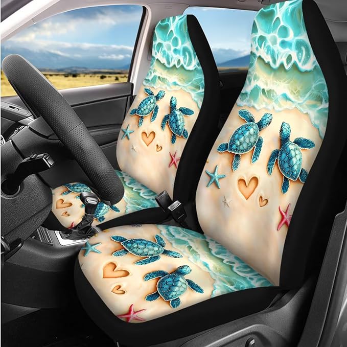 Dngkaoje Beach Sea Turtle Car Seat Covers Front Rear Full Set Steering Wheel Cover Seat Belt Pads Waste Bin Armrest Pad Cup Holders Handbrake Cover Full Set 13 Pcs Car Accessories Seat Protector