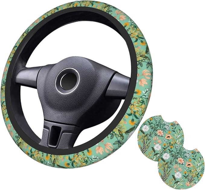 Wild Plant Flowers Steering Wheel Cover for Women Men with 2 Pcs Car Coasters, 15 Inches Neoprene Anti-Slip Cute Universal Green Car Accessories Protective Cover for Vehicle