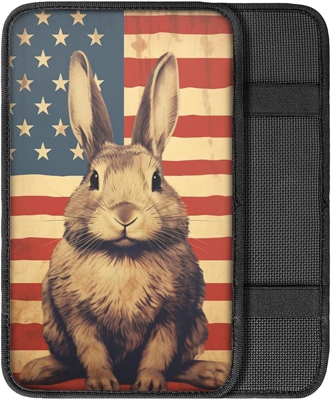 Car Center Console Pad, Universal Waterproof Car Armrest Seat Box Cover, Car Interior Accessories for Most Vehicle SUV Truck Vintage American Flag Rabbit Car Armrest Pad