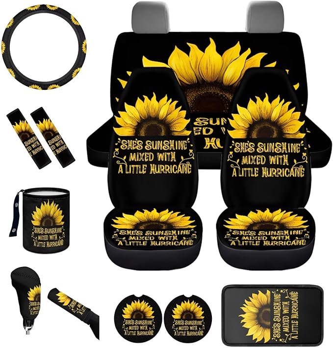 Dngkaoje Sunflower Car Seat Cover Set 13 Pack She's Sunshine Sunflower Auto Front Rear Seat Protector Full Set Universal Car Accessories with Seatbelt Shoulder Pads,Steering Wheel Covers,Garbage Bin