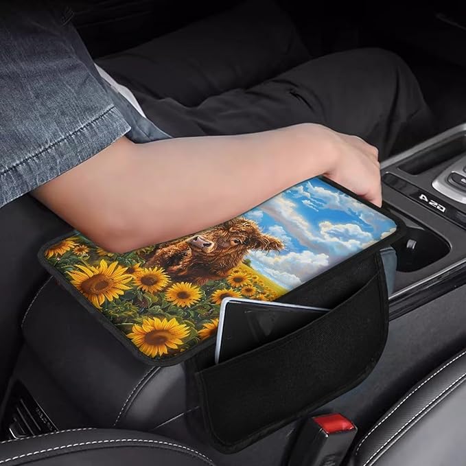 Dreaweet Highland Cow Car Accessories Center Console Cover Armrest Cover for Car Center Console Cushion Pad Car Armrest Seat Box Cover Protector with 2 Storage Pockets