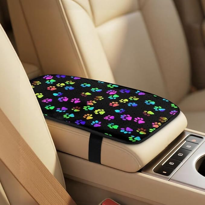 Qeluxign 5 Piece Car Seat Covers Set for Women Men Rainbow Paw Print PU Leather Seat Covers Belt Pads and Armrest Cover Universal Fit Car Accessories