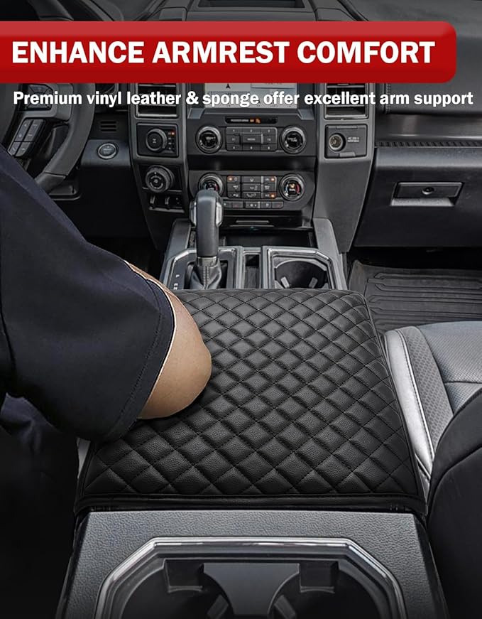 KBH Center Console Armrest Cover for Ford F150 2021 2022 2023 2024 2025 2026, PU Leather Interior Accessories, Middle Console Lid Protector, Arm Rest Cushion Thick Pad, Black (Fits Bucket Seat Only)