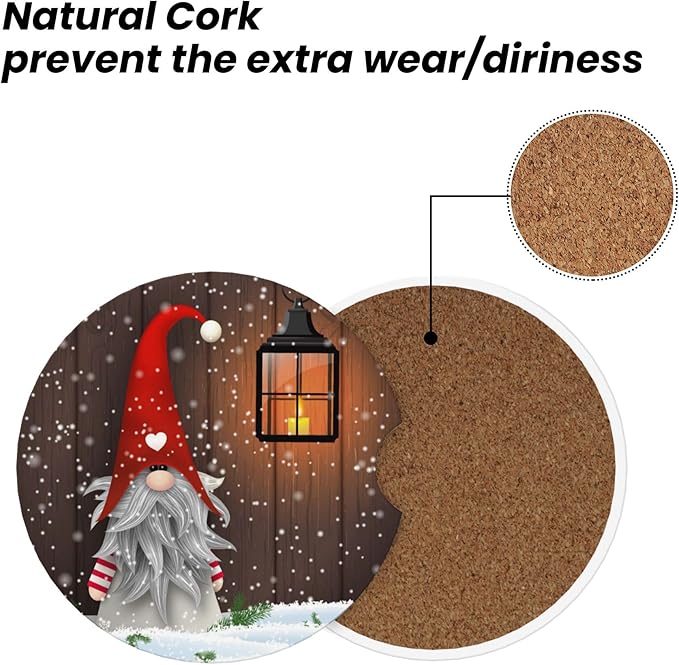HUWAAI New Year Dwarf Christmas Car Cup Holder Coasters 2 Pack Universal 2.63 Inch Anti Slip Ceramic Absorbent Coaster with Cork Base and Finger Notch Cute Car Accessories Interior for Women