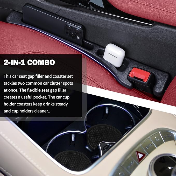 2026 New Car Seat Gap Filler Organizer & Non-Slip Car Coasters for Cup Holders Set,Multifunctional Cars Gap Filler with Phone Holder,Universal No Drop Seat Guard for Cars
