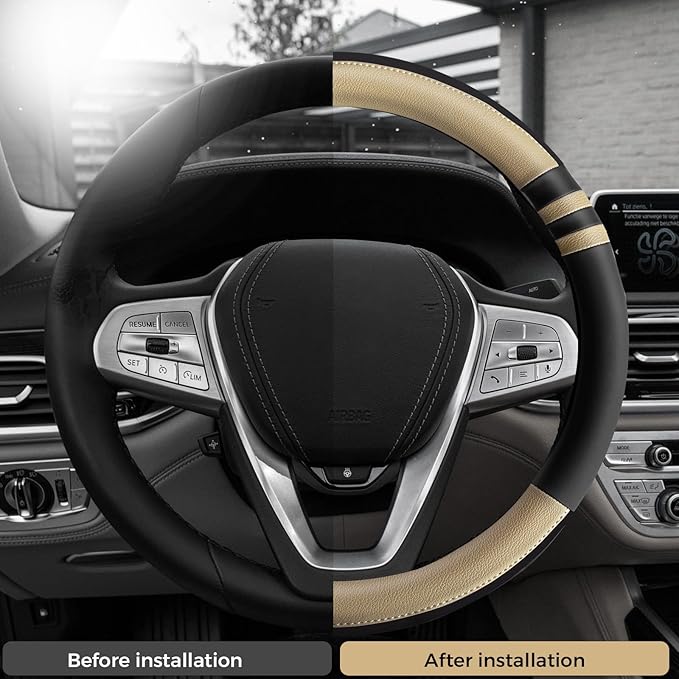 Sport Steering Wheel Cover for Cars – Premium Black & Beige NAPA Leather, Dynamic Stitching, Enhanced Grip, Comfortable Fit for 15 Inch Wheels, Easy to Install (Beige, M-15)