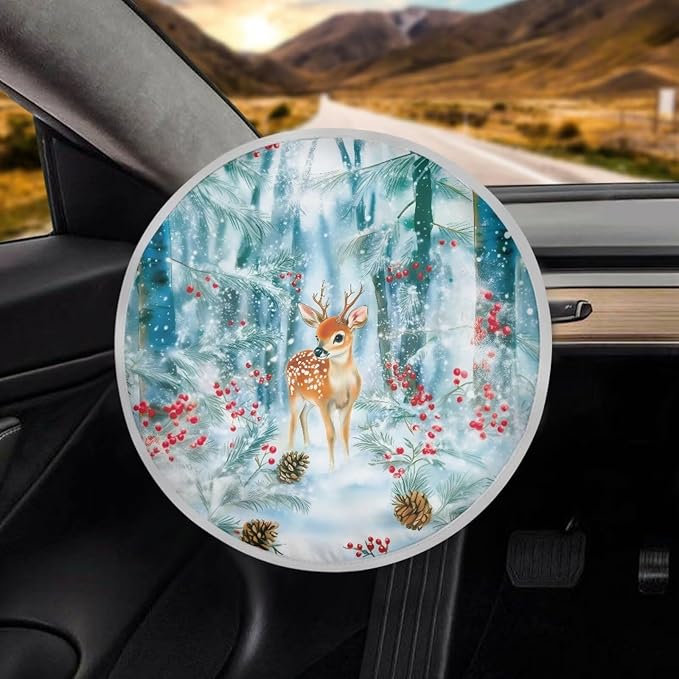 Christmas Sika Deer Cone Forest Pattern 17x17 inch Steering Wheel Sun Shade Cover Steering Wheel Sun Heat Shield Universal Block UV Rays Car Rudder Visor for Car SUV Truck Van