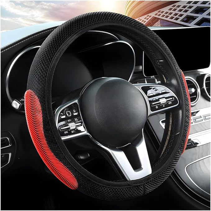 Elastic Stretch Car Steering Wheel Cover, Breathable No Inner Ring Vehicle Steering Wheel Protector, 15 Inch Ice Silk Anti Slip Automotive Accessories, Universal Fit (Black/Red)