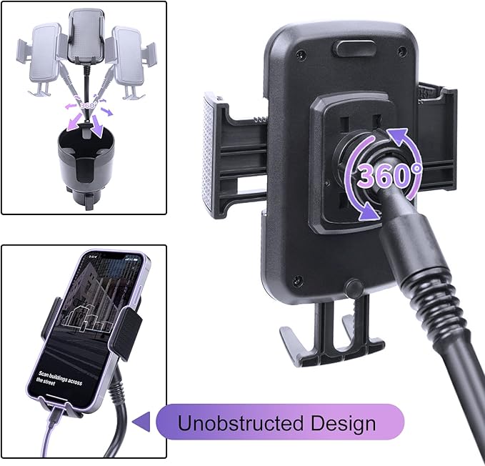 JINKEY Car Cup Holder Expander with Phone Mount,360°Rotation Gooseneck Phone Holder with Adjustable Base Cup Holder for Car Compatible with iPhone & All Smartphones