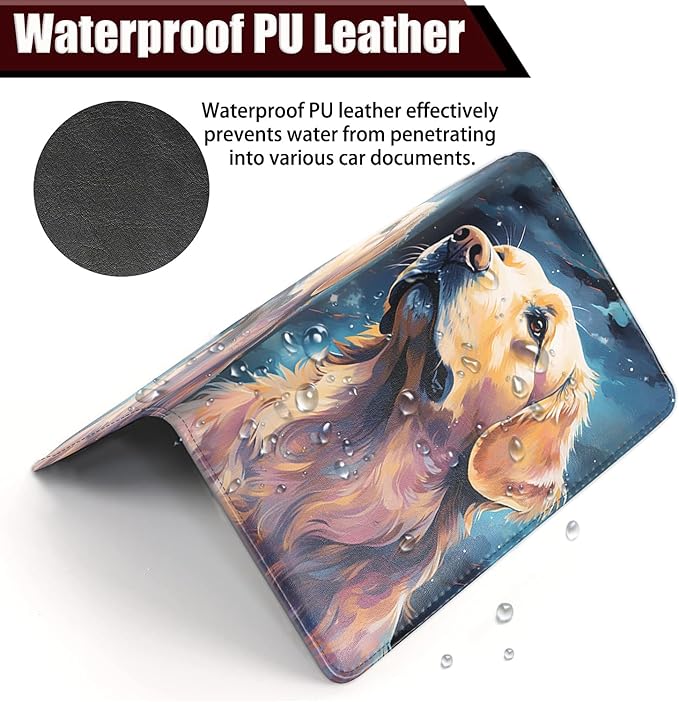 Car Registration and Insurance Holder, PU Leather Auto Document Holder for Men&Women, Vehicle Glove Box Compartment Organizer with Magnetic Shut for Driver's License, Golden Retriever Dog Pattern