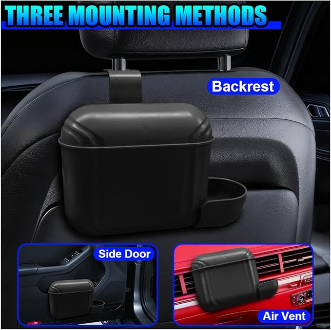 Car Trash Can with Lid, Hanging Leakproof Vehicle Garbage Bin, Auto Back Seat Organizer Dustbin with 2 Rolls of Trash Bags, Versatile Storage Accessory for Car Air Vent, Side Door (Black)