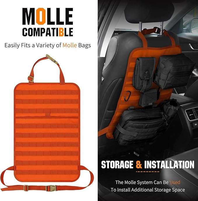 IronSeals 2 Pack Car Seat Back Organizer, Tactical Molle Panel Sag Proof Vehicle Seat Cover Protector Nylon Car Seat Back Hanger Bag Pad