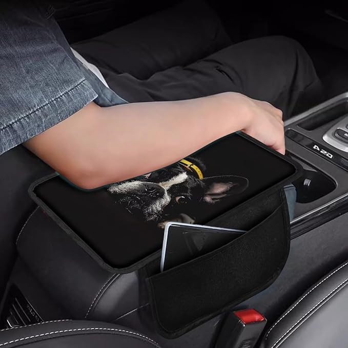 Boatee Dog Console Cover for Car Arm Rest Pad for Auto Center Console Mat Universal Armrest Cushion Automotive Accessories Comfortable Armrest Storage Box Mat Stylish Decor with Pockets Black