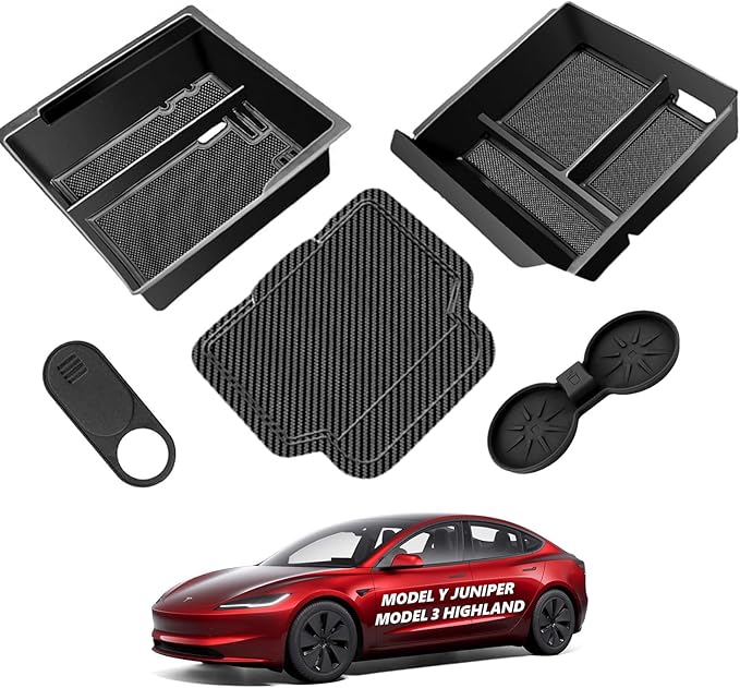 cybtkcar for Tesla Center Console Organizer Tray Model Y Juniper Model 3 Highland Accessories 2025 2026 Refreshed Car Storage Tray Armrest Tray Insert Cup Holder Hidden Compartment Storage