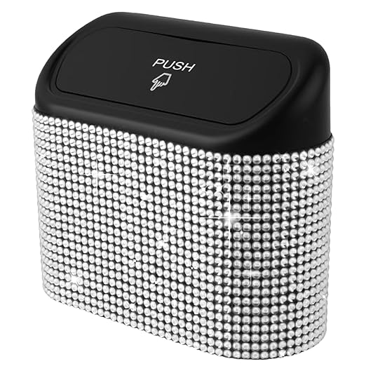 Bling Car Trash Can with Lid Mini Auto Garbage Bin Rhinestone Hanging Vehicle Trash Container Odor Proof Organizer (White)