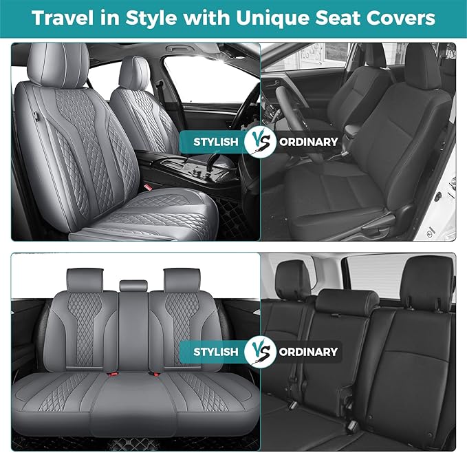 FEINEPRO Leather Car Seat Covers Full Set, Breathable Faux Leather Seat Covers for Cars SUV Sedan Waterproof Grey