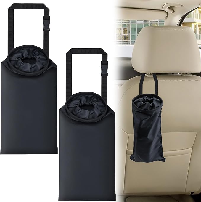 ecocstm 2 PCS Car Trash Bags, Washable Car Garbage Bag Hanging, Detachable Trash Can with Top Elastic Vent & Sticky Strap Bottom Opening, Seat Back Tash Bag for Cars,Travelling,Outdoor