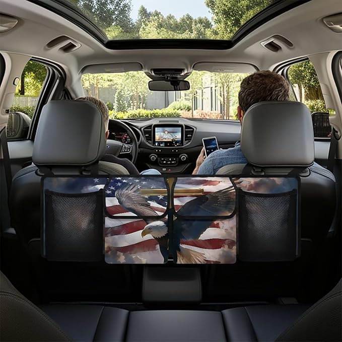 Car Storage Organizer New Version, Hanging Trunk Organizer with 4 Functional Storage Bags, Car Trunk Storage Bag for SUV Truck MPV VAN,American Flag Eagle Cross Patriotic Religious
