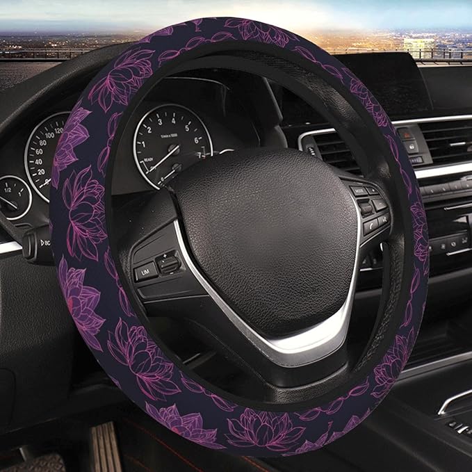 Pink Lotus Flowers Steering Wheel Cover for Women Men Girls, Car Accessories Decor Thickened Anti-Slip Auto Steering Wheel Covers Protector Universal Fit 15 Inch for Cars, Truck, SUV