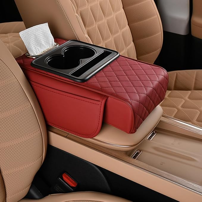 Leather car armrest Organizer with Cup Holders, Storage Pockets & Anti-Slip pad. Universal fit, Easy Install. (Claret)