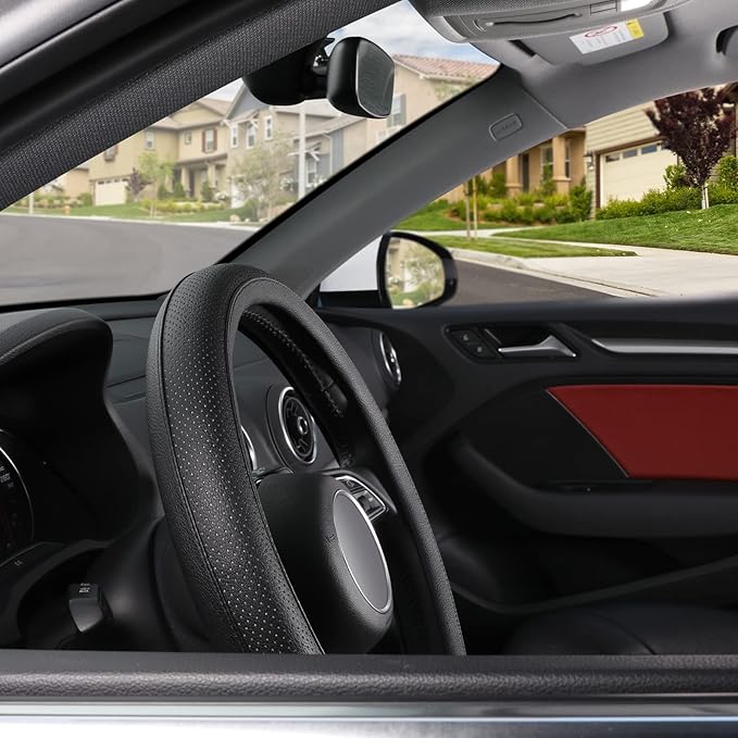 SEG Direct Black Car Steering Wheel Cover Small Size 14-14.25 inch (35.5-36 cm), for Prius Civic Model 3 Model Y Camaro, Breathable Microfiber Leather