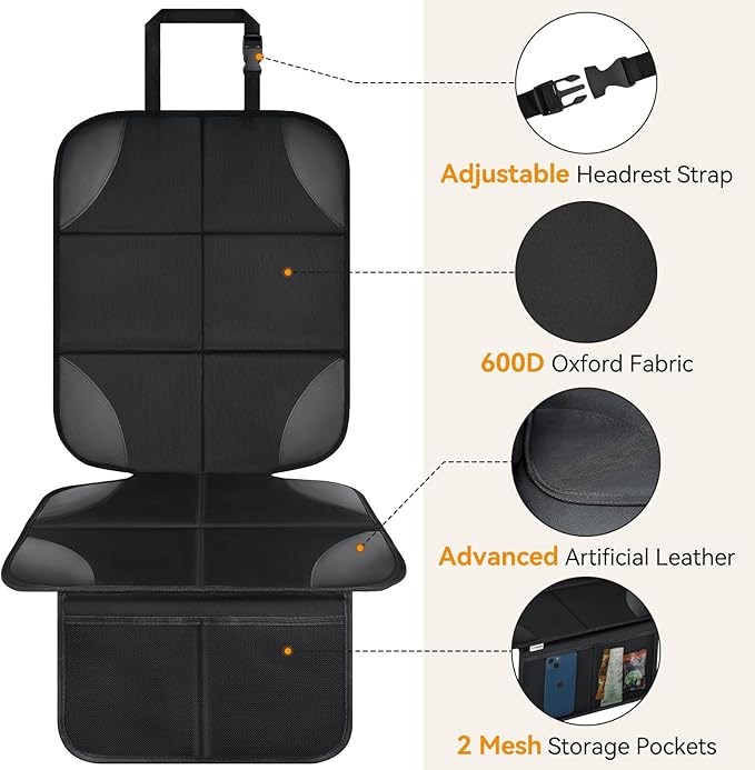 Musclez Car Seat Protectors, Car Seat Covers Waterproof 600D Fabric, Non-Slip Backing & 2 Mesh Pockets Carseat Protector for Baby Child Safety Seats, Pets, Automotive Interior Protection, Pack of 2