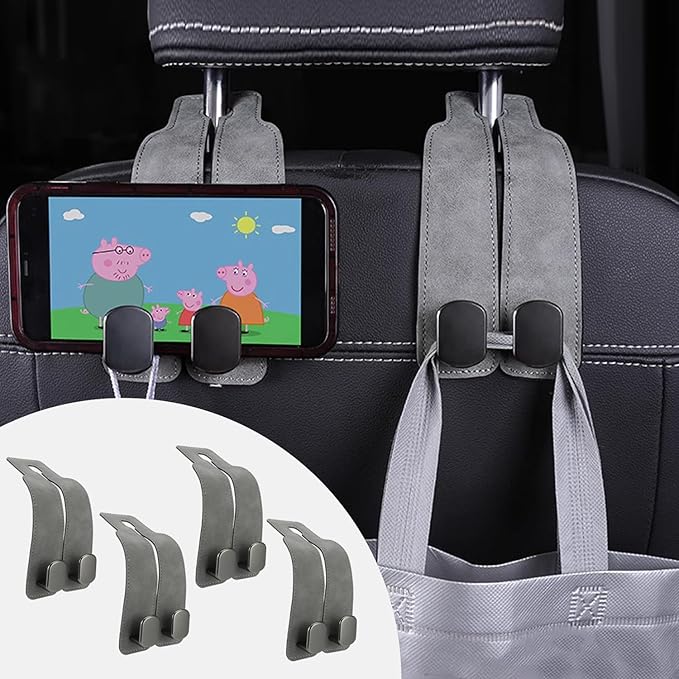 MROUEN 4 PCS Car Seat Back Storage Hooks, Car Hooks Purses and Bags Cute, Leather Seat Hooks, Purse Holder & Mobile Phone Holder, Bag, Purse Hanger