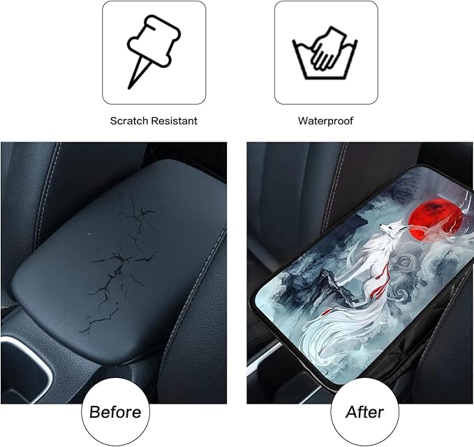 JANENFNA Car Armrest Cover Pads Universal Fashion Cute Auto Center Console Armrest Cover Pad with 2PCS Car Coasters Soft Waterproof Car Armrest Seat Protector for Women,Blood Moon White Fox
