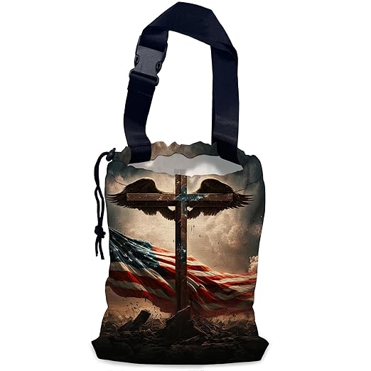 NHNXHWIA Cross with Wings Car Trash Bag,American Flag Hanging Drawstring Car Garbage Bag,Waterproof Canvas Car Back Seat Organizer with Adjustable Buckle,for Vehicles,SUVs,Camping,Road Trips