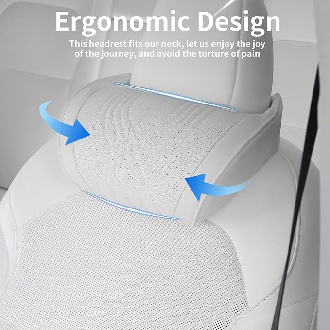 Dapucarin Car Headrest Memory Foam Neck Pillow for Driving with Leather Cover Soft Comfortable Seat Head Pillow Cushion for Most Cars SUV Sedan Home Office, White, 2PC