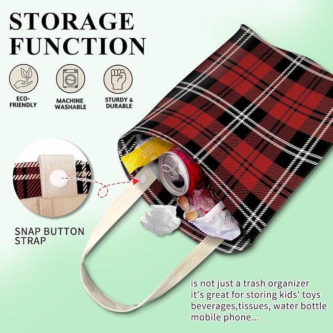 ABUIFDK Car Trash Can, Hanging Car Organizer and Storage Bag, Trash Bin for Vehicle, Travelling, Camping Black and Red Checkerboard