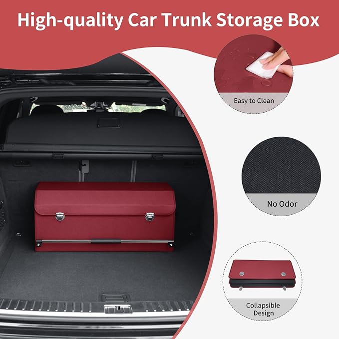 XCF Car Trunk Organizer, Trunk Organizer for SUV with Push-pull Handle and Lid Car Leather Trunk Storage Box (Claret, 27.17 x 11.42 x 12.2in)