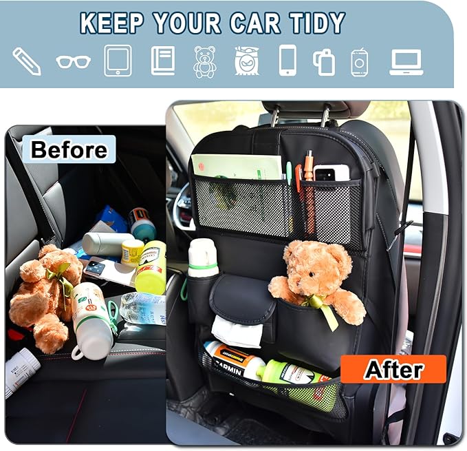 VEHIRIE Car Backseat Organizer with Foldable Table Tray, Premium Leather Car Seat Back Protectors Kick Mats for Kids, Toy Storage Box with 10 Inch Touch Screen, Tablet Holder