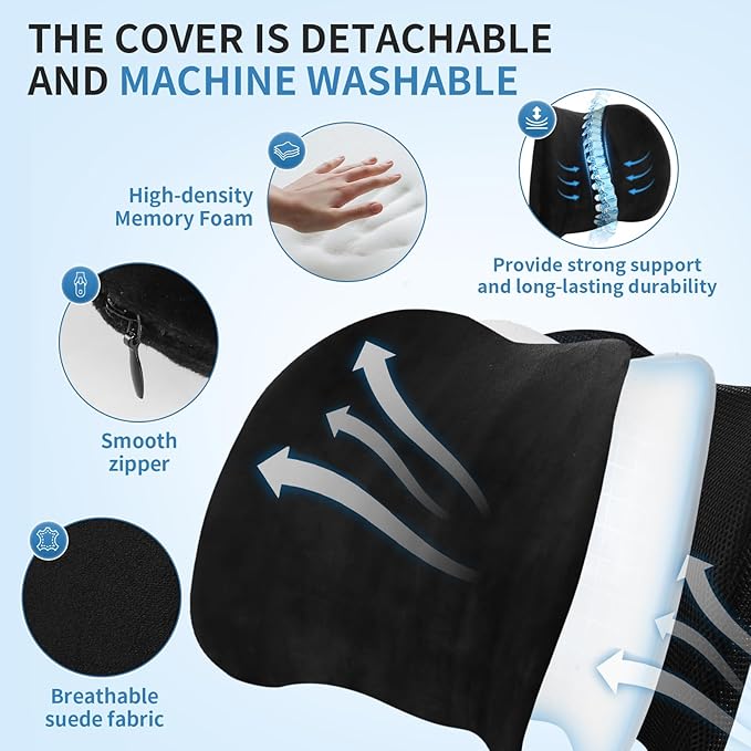 Dijialun Lumbar Support Pillow for Car, Memory Foam Back Support Lumbar Pillow for Car, Gaming, Office Chair, Ergonomic for Lower Back Pain Relief, Comfortable and Soft Fabric, Black
