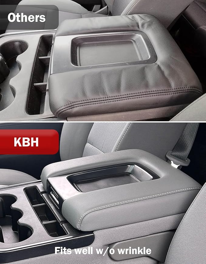 KBH Center Console Armrest Cover Replacement for Chevrolet Silverado & GMC Sierra 1500 2500 3500 2014-2018, Vinyl Leather Upholstery, Anti-Scratch, Split Bench Jump Seat (Dark Ash Gray)