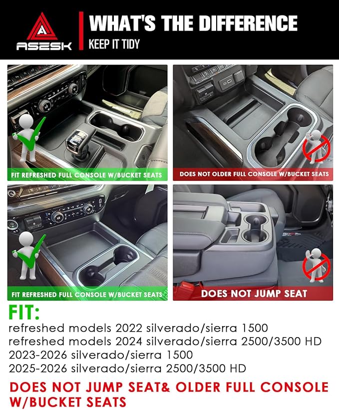 ASZSK for 2022–2026 Silverado&Sierra 1500/2024–2026 Silverado&Sierra 2500HD/3500HD–Full Console w/Bucket Seats Only 4PCS Door Organizer Tray& 2PCS Lower Center Console Organizer Tray