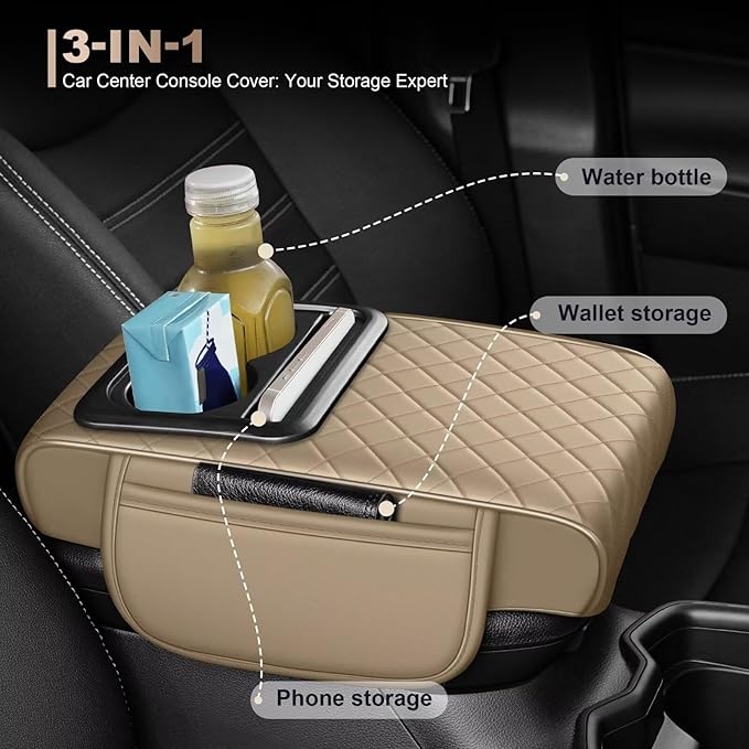 Center Console Cover Fit for Corolla Cross Faux Leather Car Armrest Cushion with Storage Bags, Cup Holder ＆ Phone Storage Multifunctional Middle Console Cover(Beige)