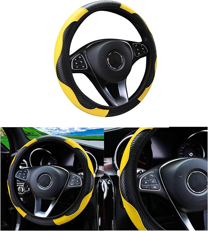 Car Steering Wheel Cover, 15 inch Carbon Fiber Microfiber PU Leather Elastic Steering Wheel Protector for Men Women, Anti-Slip Breathable Car Interior Accessories for Most Cars (Yellow)