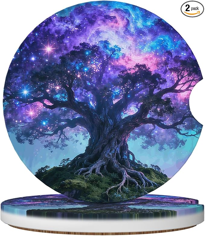 HUWAAI Tree Life Sky Galaxy Car Cup Holder Coasters 2 Pack Universal 2.63 Inch Anti Slip Ceramic Absorbent Coaster with Cork Base and Finger Notch Cute Car Accessories Interior for Women